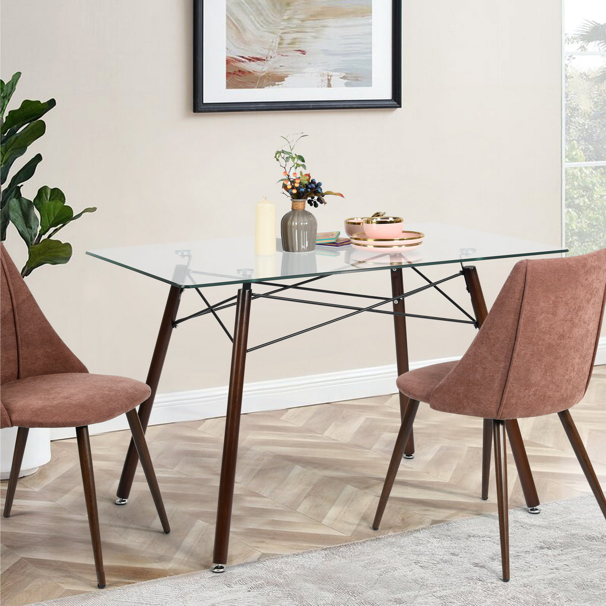 Modern Rectangular Glass Dining Table with Wooden Legs Zappa